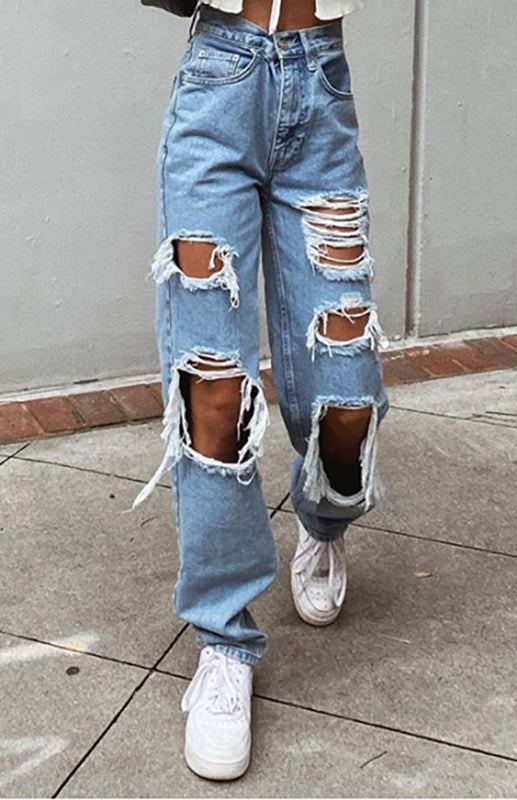 Ladies Ripped Wash Style Denim Trousers