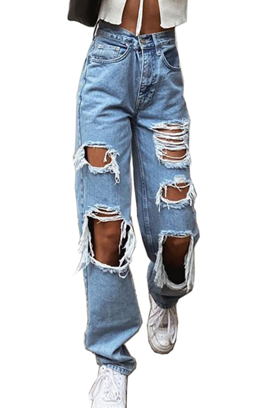 Ladies Ripped Wash Style Denim Trousers