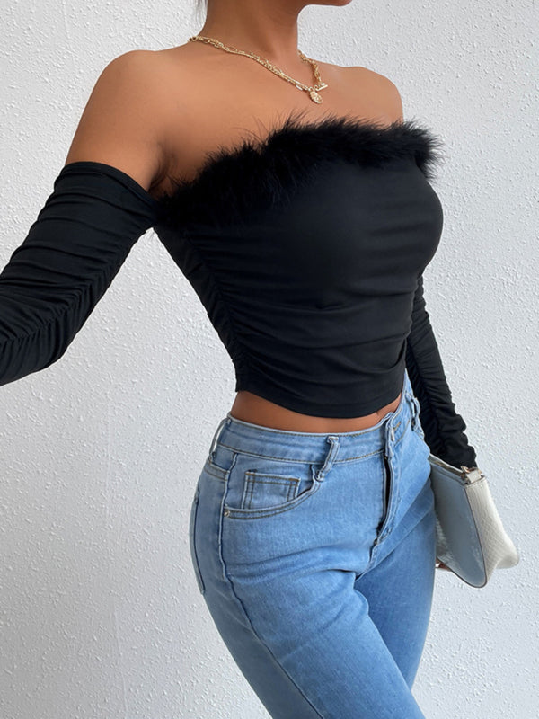 Women's retro hair collar tube top long sleeve collar back top