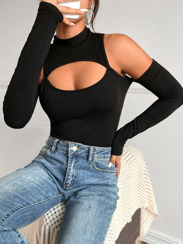 Women's sexy irregular hollow long -sleeved slim -body off -shoulder jacket