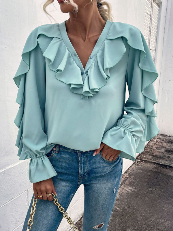 Women's Solid V-Neck Ruffle Panel Top