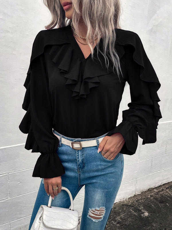 Women's Solid V-Neck Ruffle Panel Top