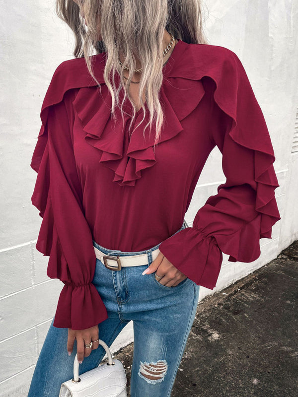 Women's Solid V-Neck Ruffle Panel Top