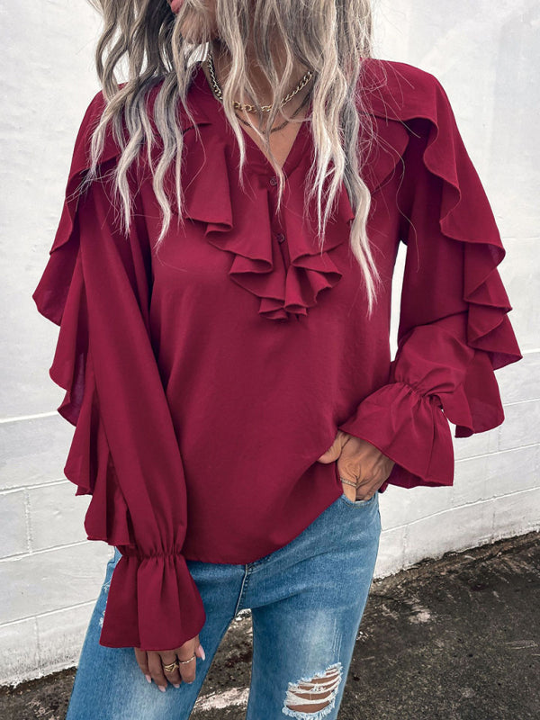 Women's Solid V-Neck Ruffle Panel Top