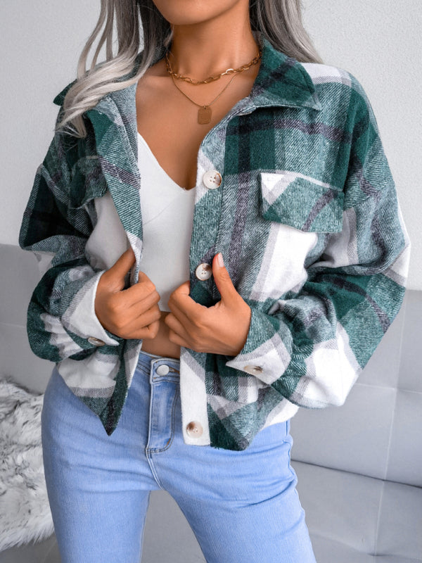 Women's Plaid lantern long sleeve woolen coat