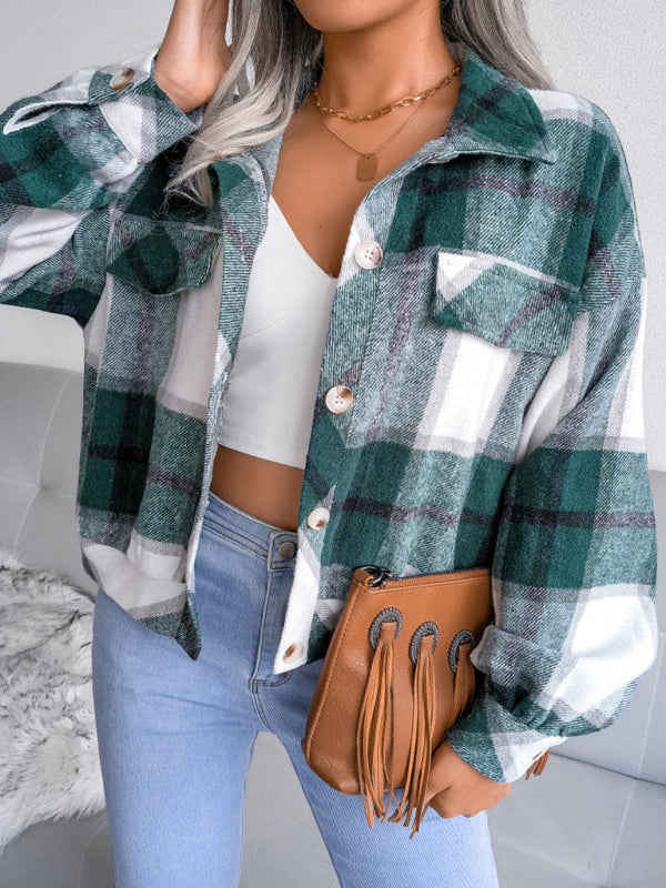 Women's Plaid lantern long sleeve woolen coat