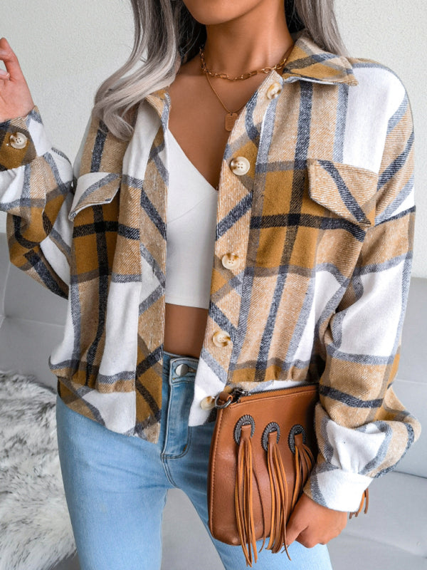 Women's Plaid lantern long sleeve woolen coat