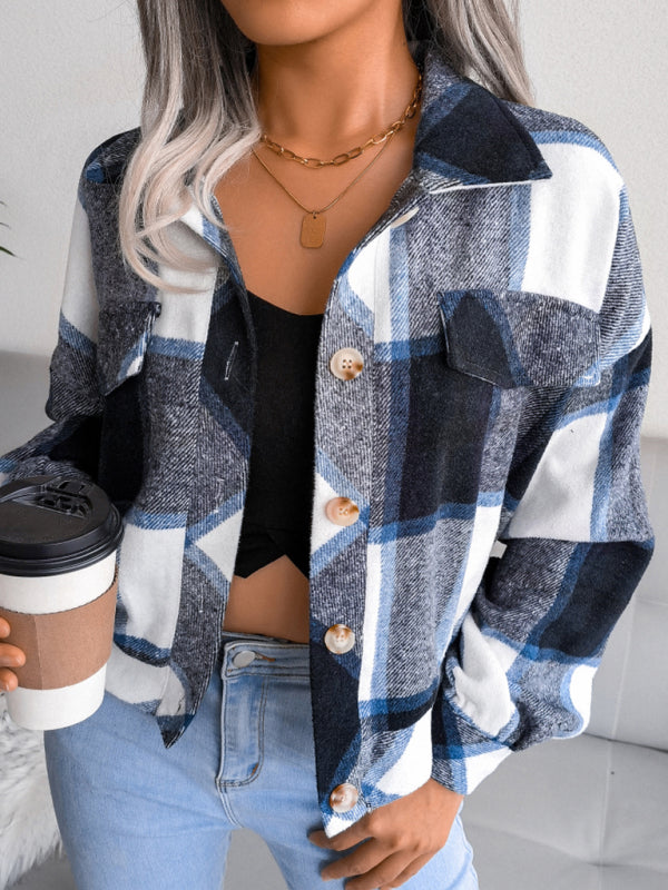 Women's Plaid lantern long sleeve woolen coat