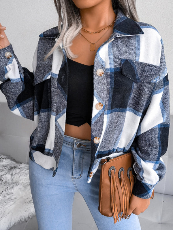 Women's Plaid lantern long sleeve woolen coat