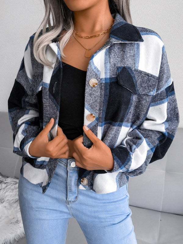 Women's Plaid lantern long sleeve woolen coat