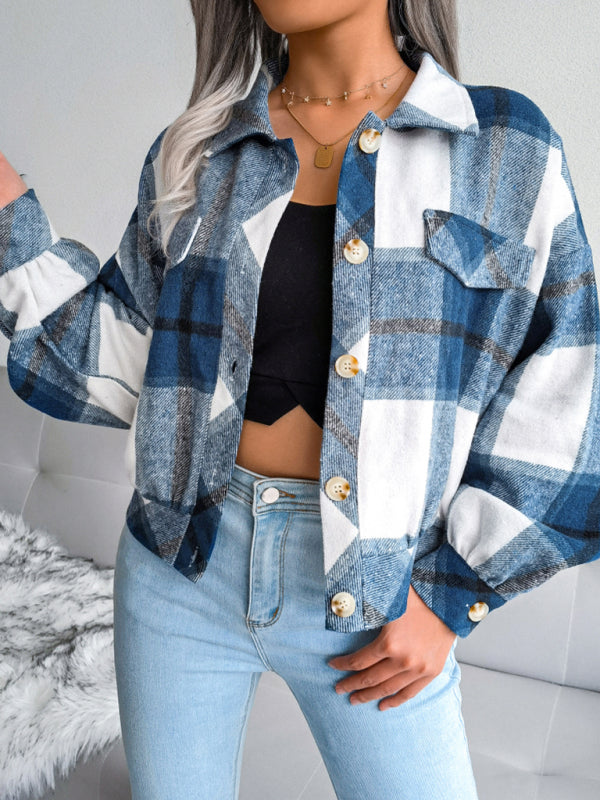 Women's Plaid lantern long sleeve woolen coat