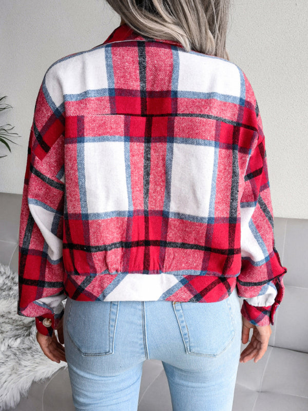 Women's Plaid lantern long sleeve woolen coat