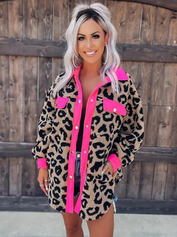 Women's casual furry clothes plush jacket women leopard print furry jacket