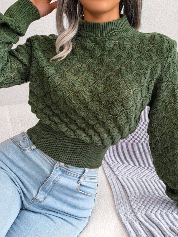 Women's Diamond Cutout Long Sleeve Crop Knit Sweater