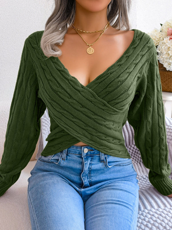 Women's Sexy Cross V-Neck Twist Long Sleeve Crop Sweater