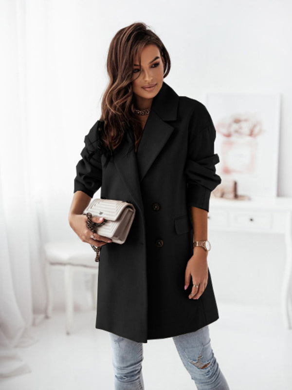 Long sleeve suit collar double breasted woolen coat new style temperament