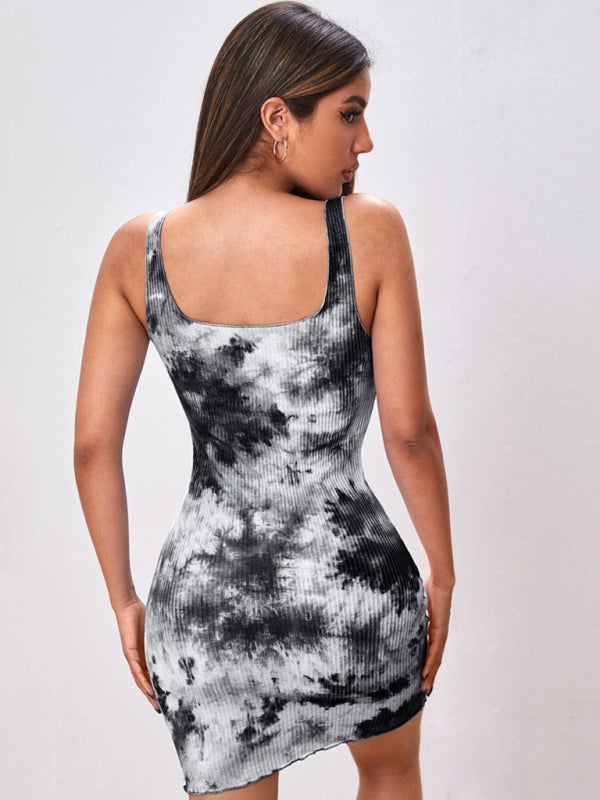 Sexy slim tie-dye print wrap hip skirt vest camisole dress European and American