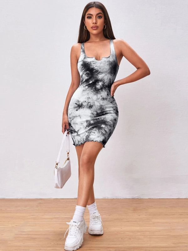 Sexy slim tie-dye print wrap hip skirt vest camisole dress European and American