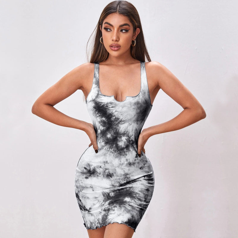 Sexy slim tie-dye print wrap hip skirt vest camisole dress European and American