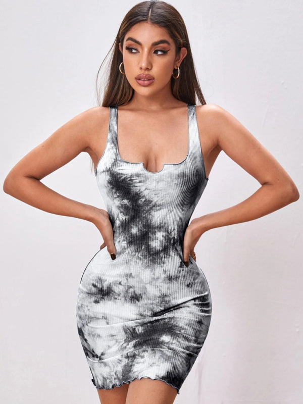 Sexy slim tie-dye print wrap hip skirt vest camisole dress European and American