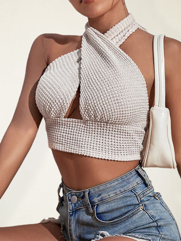 Women's Knitted Sexy Backless Waffle Halter Vest