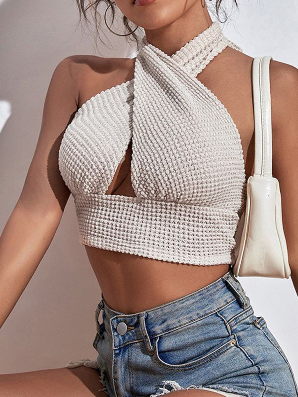 Women's Knitted Sexy Backless Waffle Halter Vest