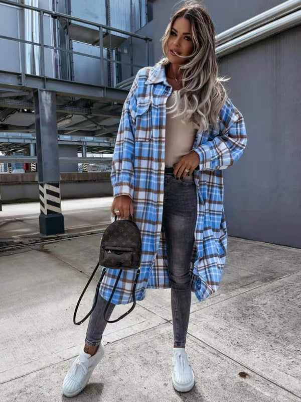 women's casual long plaid shirt jacket