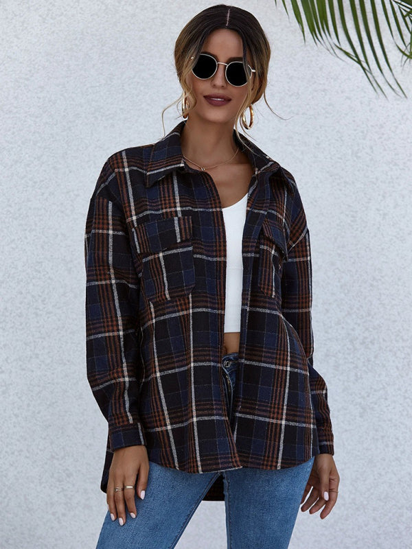 Loose casual single-breasted shirt with lapel plaid pockets