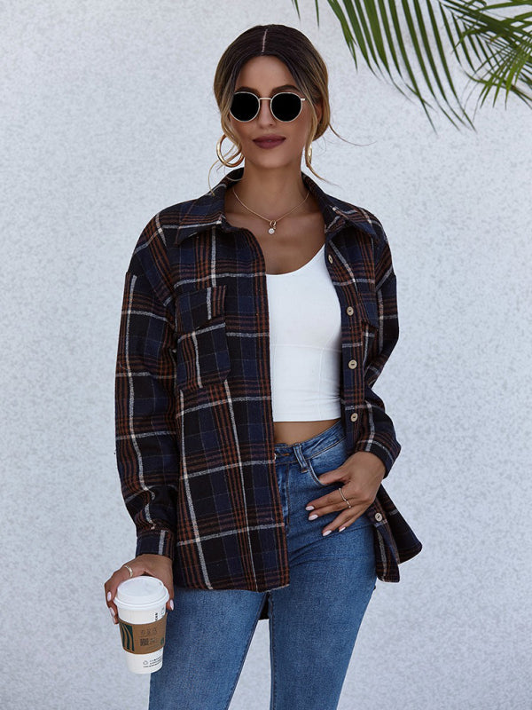 Loose casual single-breasted shirt with lapel plaid pockets