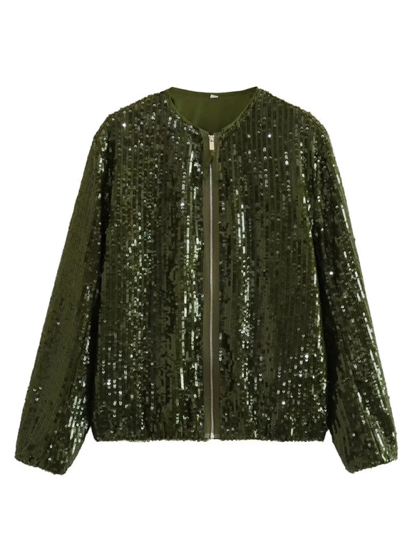 Women's round neck sequined motorcycle bomber jacket tops women's baseball uniform