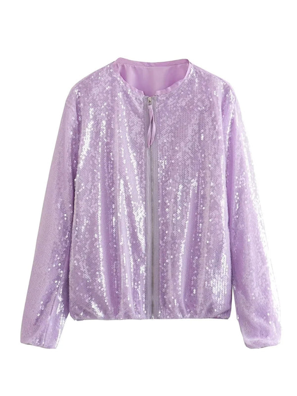 Women's round neck sequined motorcycle bomber jacket tops women's baseball uniform