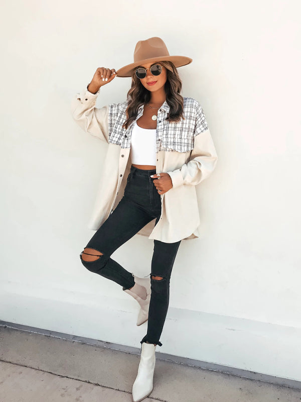 New style casual lapel long sleeve pocket plaid corduroy women's jacket