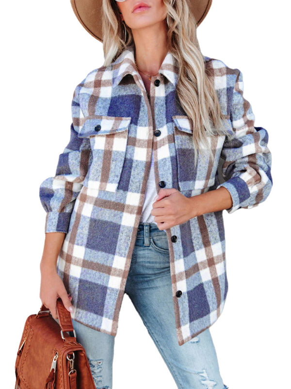 Women's Autumn and Winter Plaid Brushed Lapel Jacket