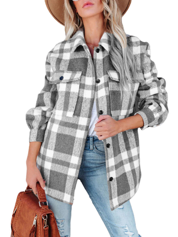 Women's Autumn and Winter Plaid Brushed Lapel Jacket