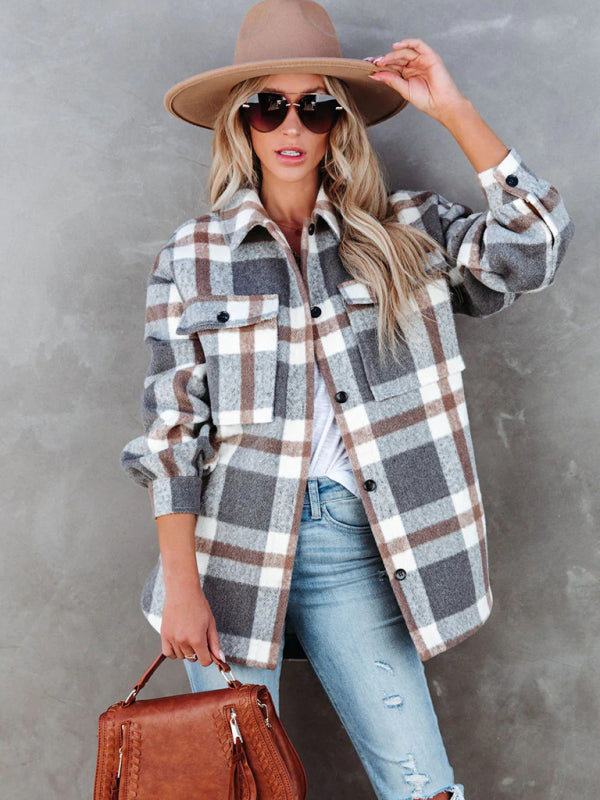 Women's Autumn and Winter Plaid Brushed Lapel Jacket