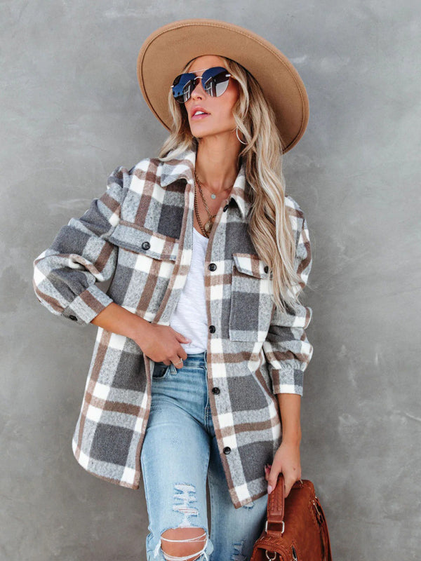 Women's Autumn and Winter Plaid Brushed Lapel Jacket