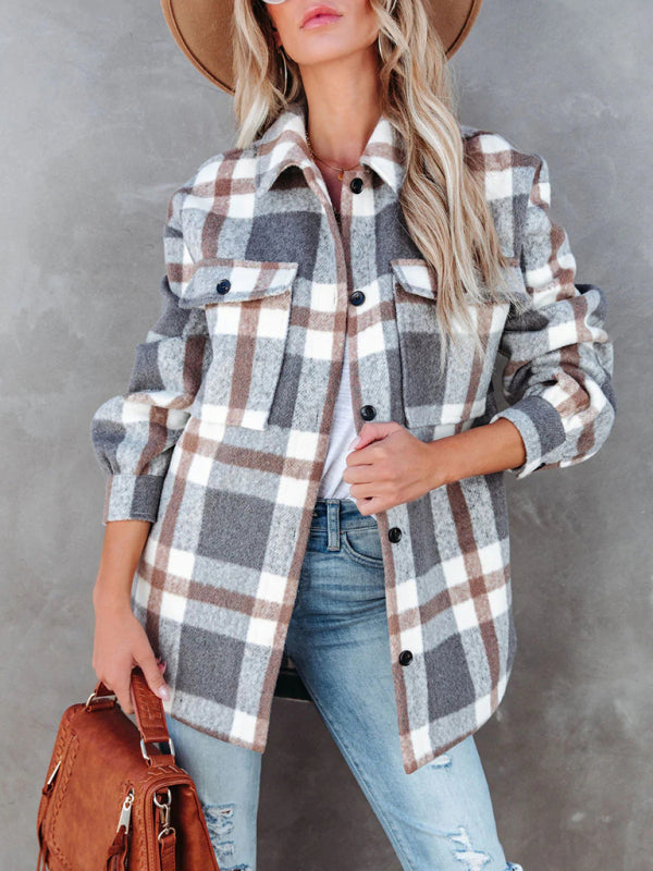 Women's Autumn and Winter Plaid Brushed Lapel Jacket