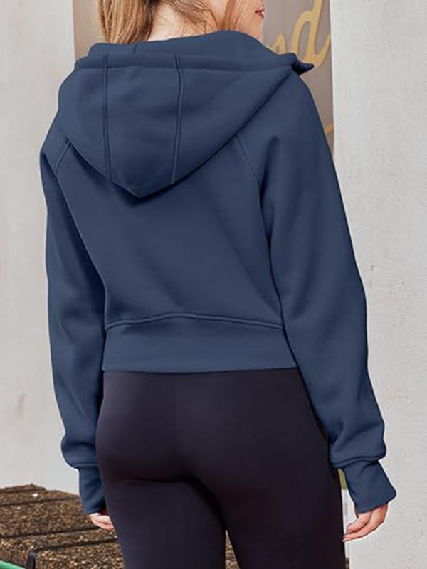 Hooded zipper short casual fleece long-sleeved sweatshirt