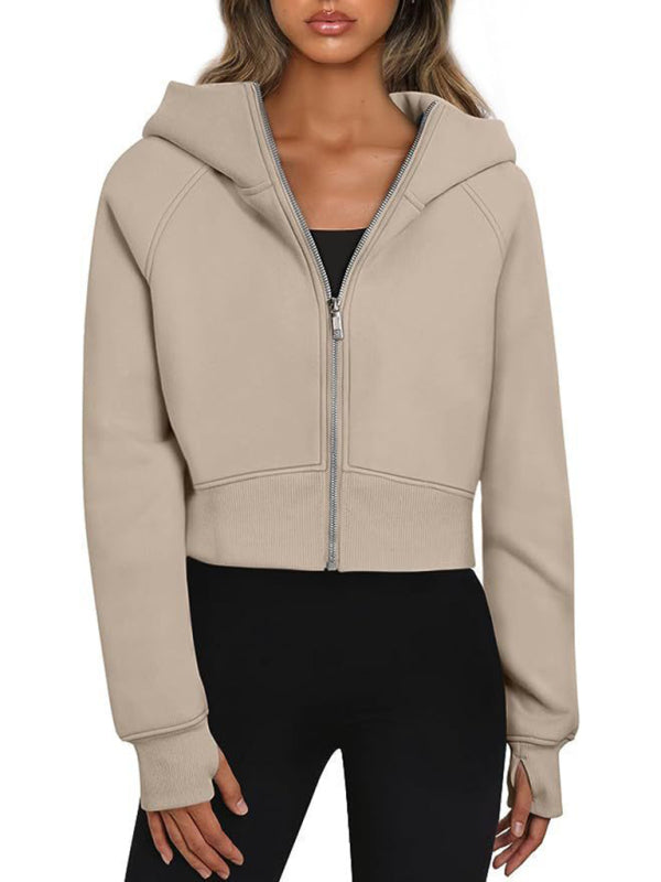 Hooded zipper short casual fleece long-sleeved sweatshirt