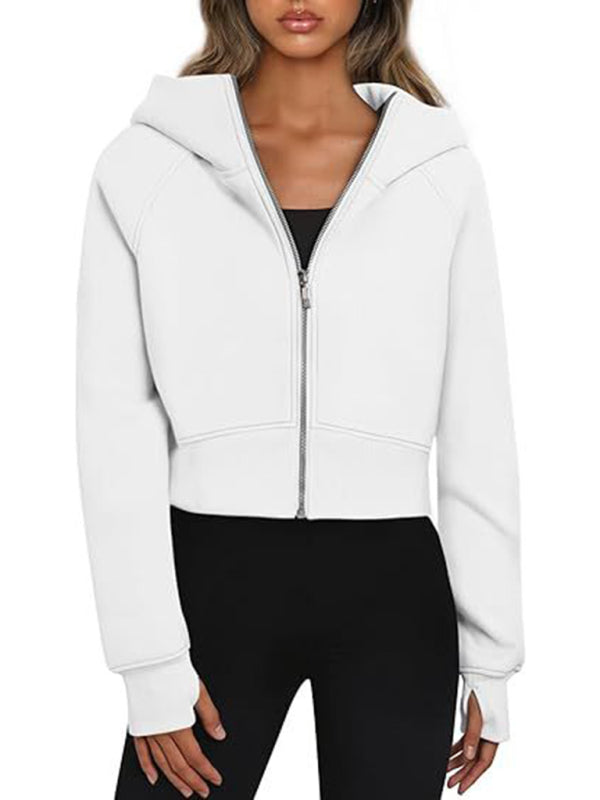 Hooded zipper short casual fleece long-sleeved sweatshirt