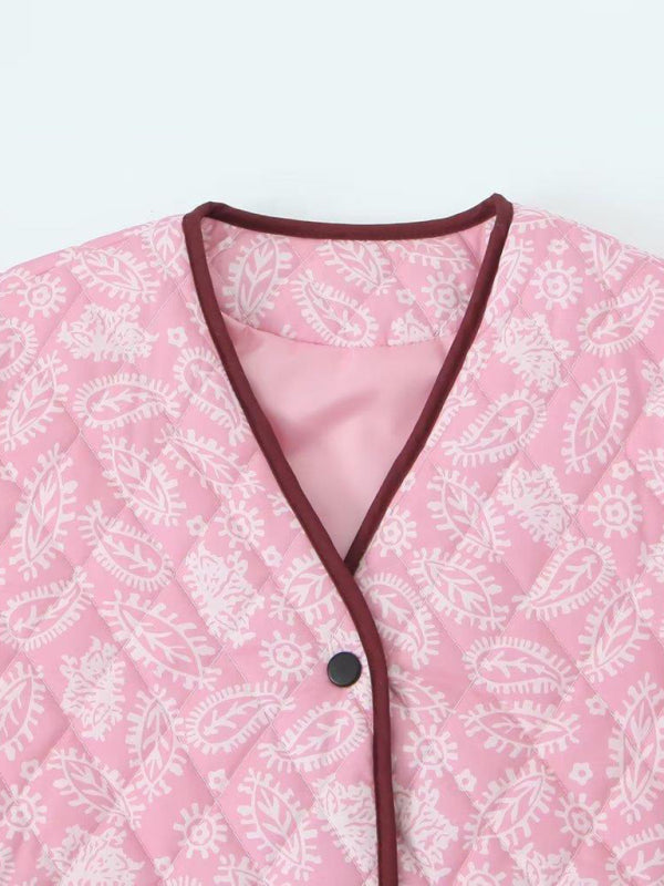 New women's pink printed patchwork cotton coat loose cotton coat