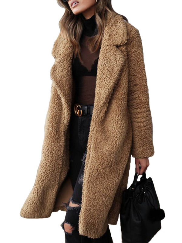 Women's loose long sleeve lapel plush jacket