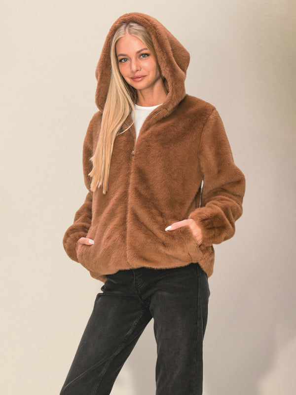 Women's loose hooded zipper plush jacketRP0023533