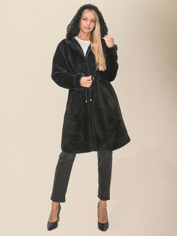 Women's Hooded Fleece Woven Coat with Pockets