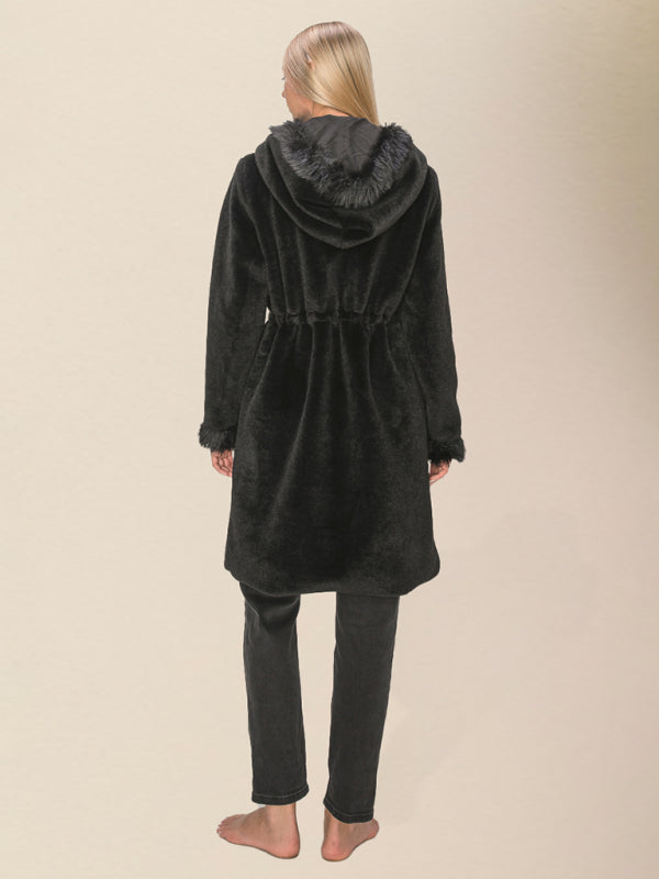 Women's Hooded Fleece Woven Coat with Pockets