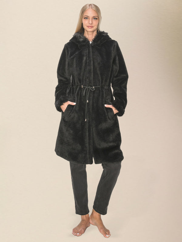 Women's Hooded Fleece Woven Coat with Pockets