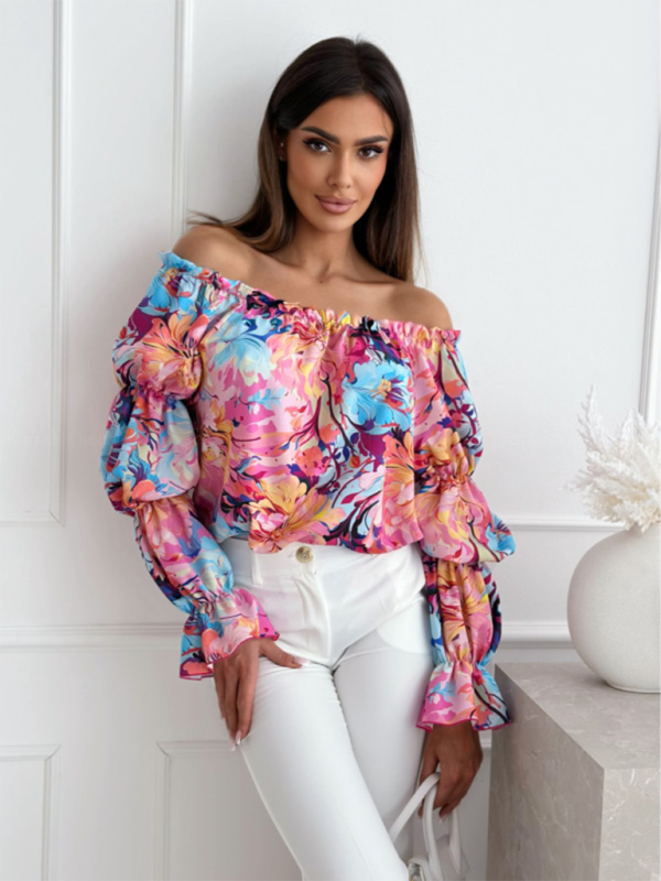 Women's one-shoulder printed lantern sleeve shirt top