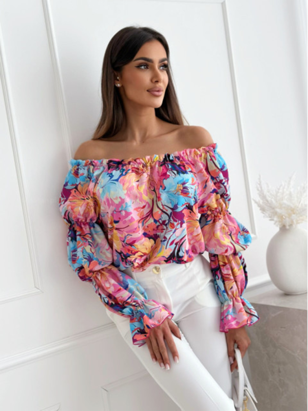 Women's one-shoulder printed lantern sleeve shirt top