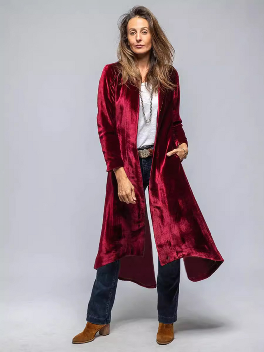 Women's Velvet Long Cardigan Solid Color Vintage Split Jacket Trench Coat Loose Coat